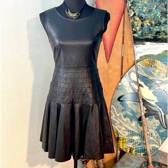 Neiman Marcus,Habitual Black Faux Leather Fit & Flare Banded Waist Dress,Size XS - Picture 3 of 14